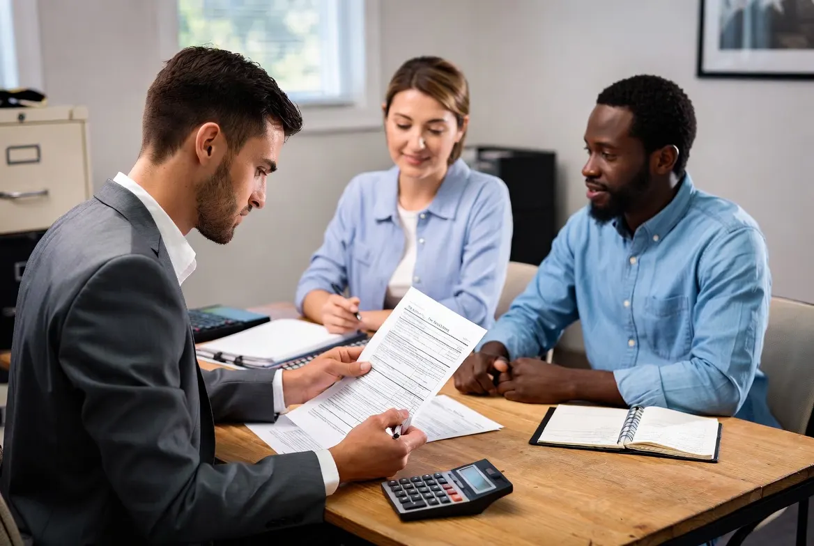 CPA or advisor reviewing a printed tax return with two clients across the desk at The Wozny Tax Company in Mokena, Illinois