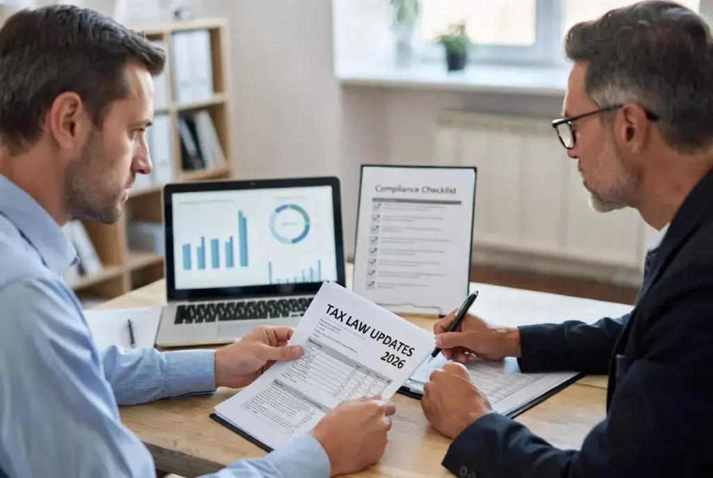 Mokena IL CPA reviewing 2026 tax law updates with a small business owner in office