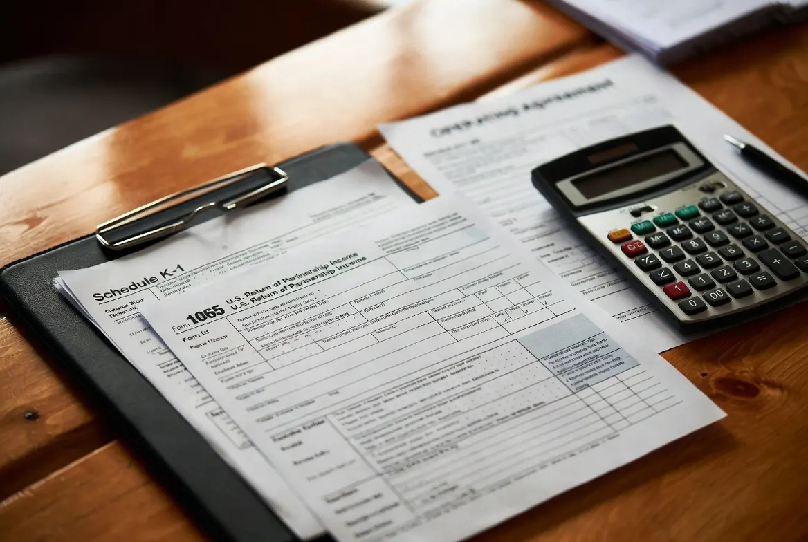 A printed Form 1065, multiple Schedule K-1 drafts, and a partnership operating agreement spread across a tax preparation desk with a calculator and pen