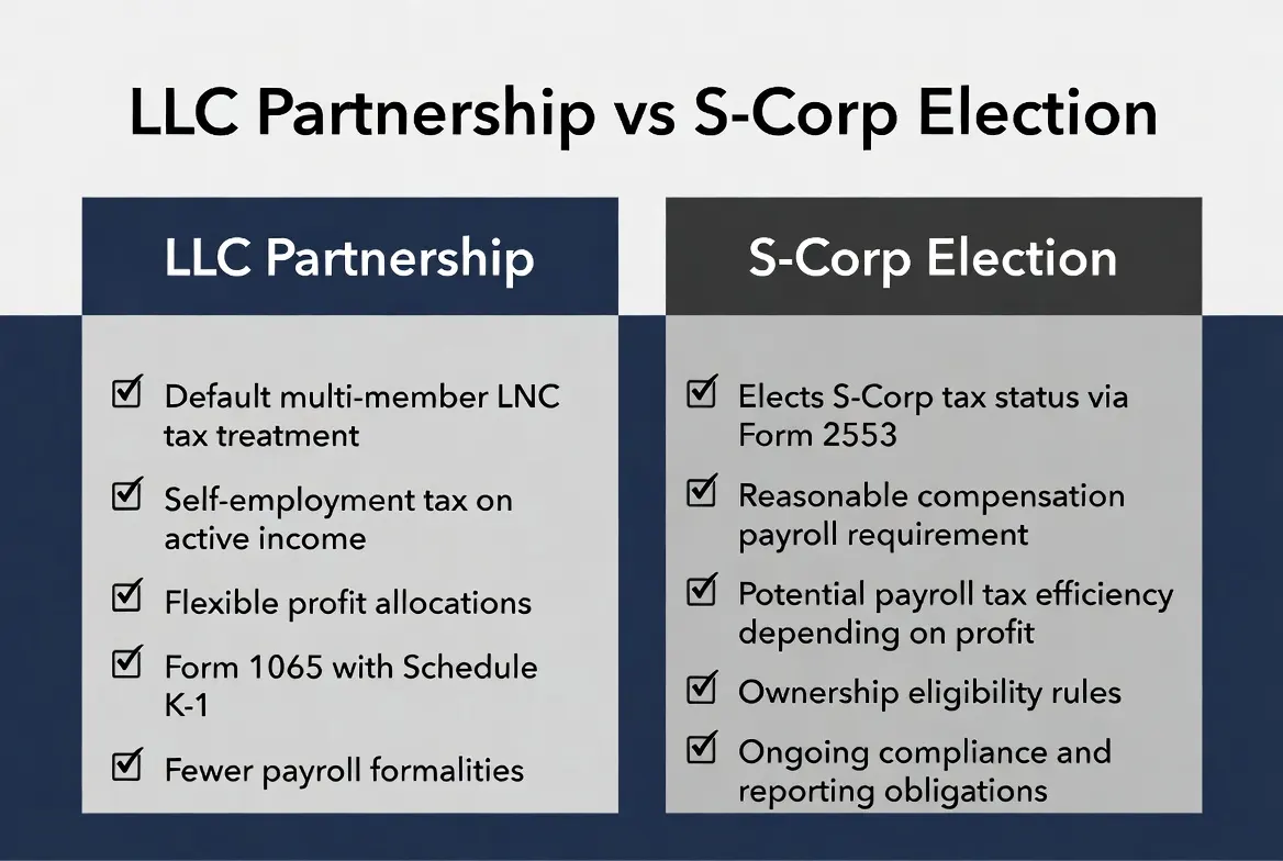 LLC partnership versus S-Corp election considerations in Illinois
