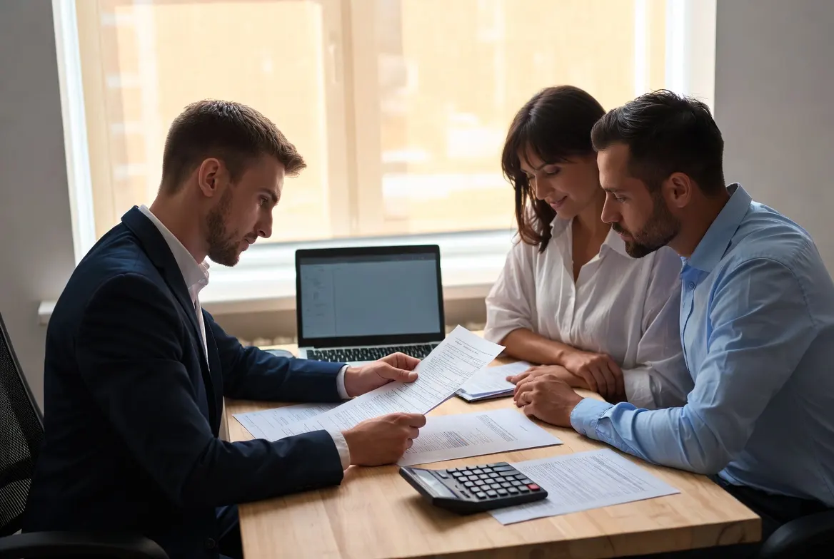 Tax advisor reviewing printed documents with a married couple seated across a desk inside a professional office in Mokena Illinois