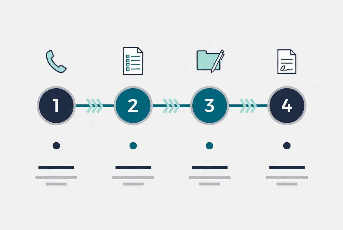 Four-step process diagram showing how nurse tax preparation works at The Wozny Tax Company in Mokena, IL including scheduling, document collection, review, and filing