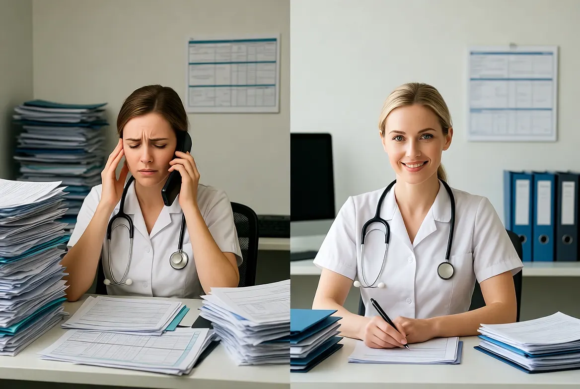 Split image of a stressed nurse overwhelmed by tax paperwork versus a confident nurse after professional tax preparation help from The Wozny Tax Company in Mokena, IL