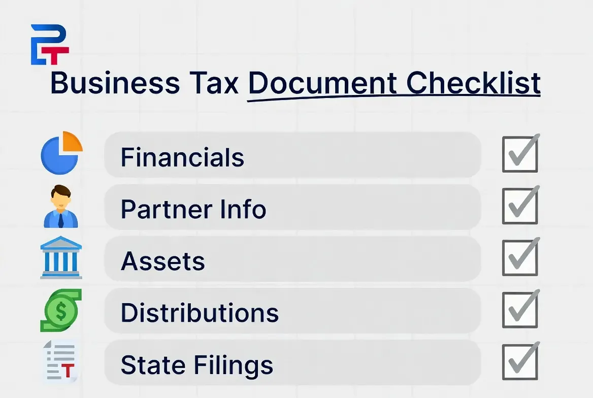 Business tax document checklist for partnership tax appointment in Mokena IL with financials and K-1 details