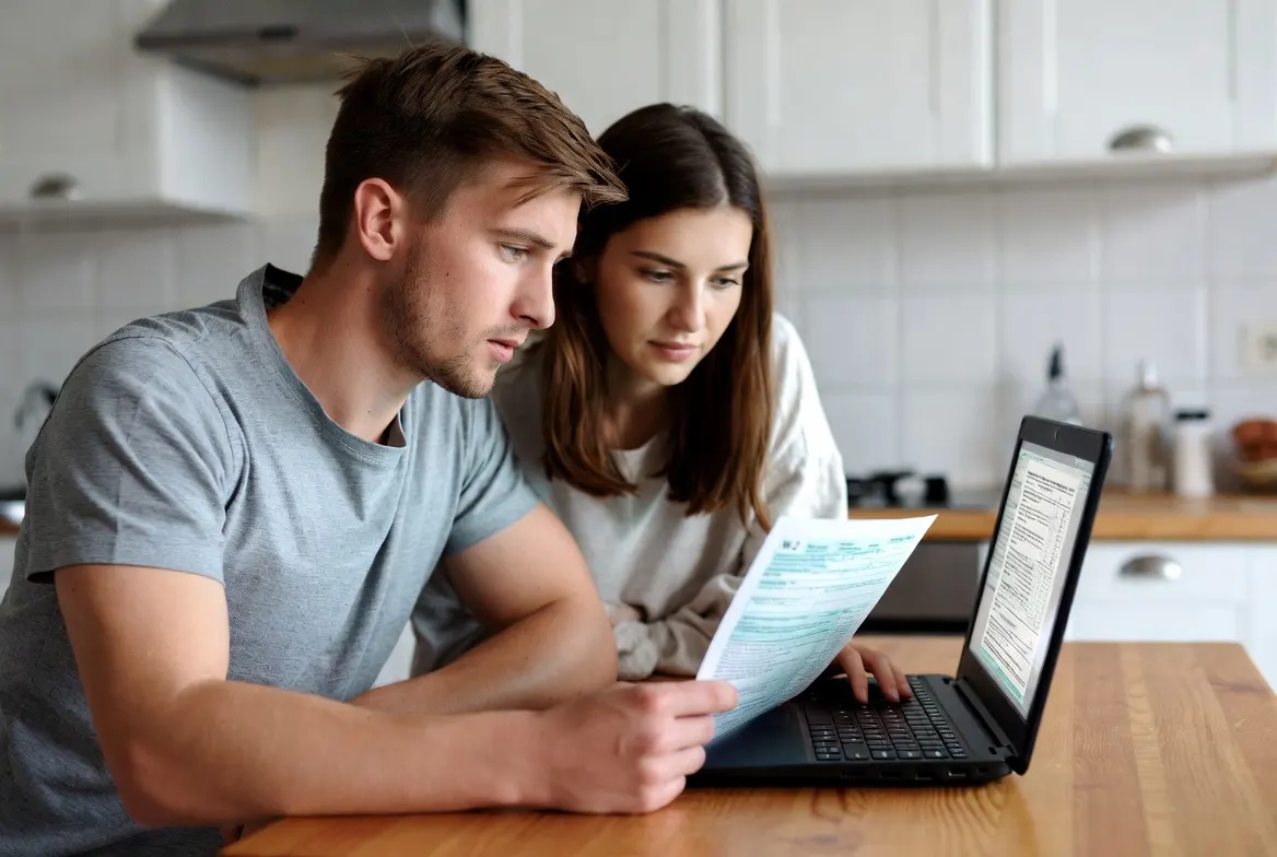 Couple at a kitchen table reviewing a W-2 and laptop, feeling unsure before contacting The Wozny Tax Company in Mokena, Illinois