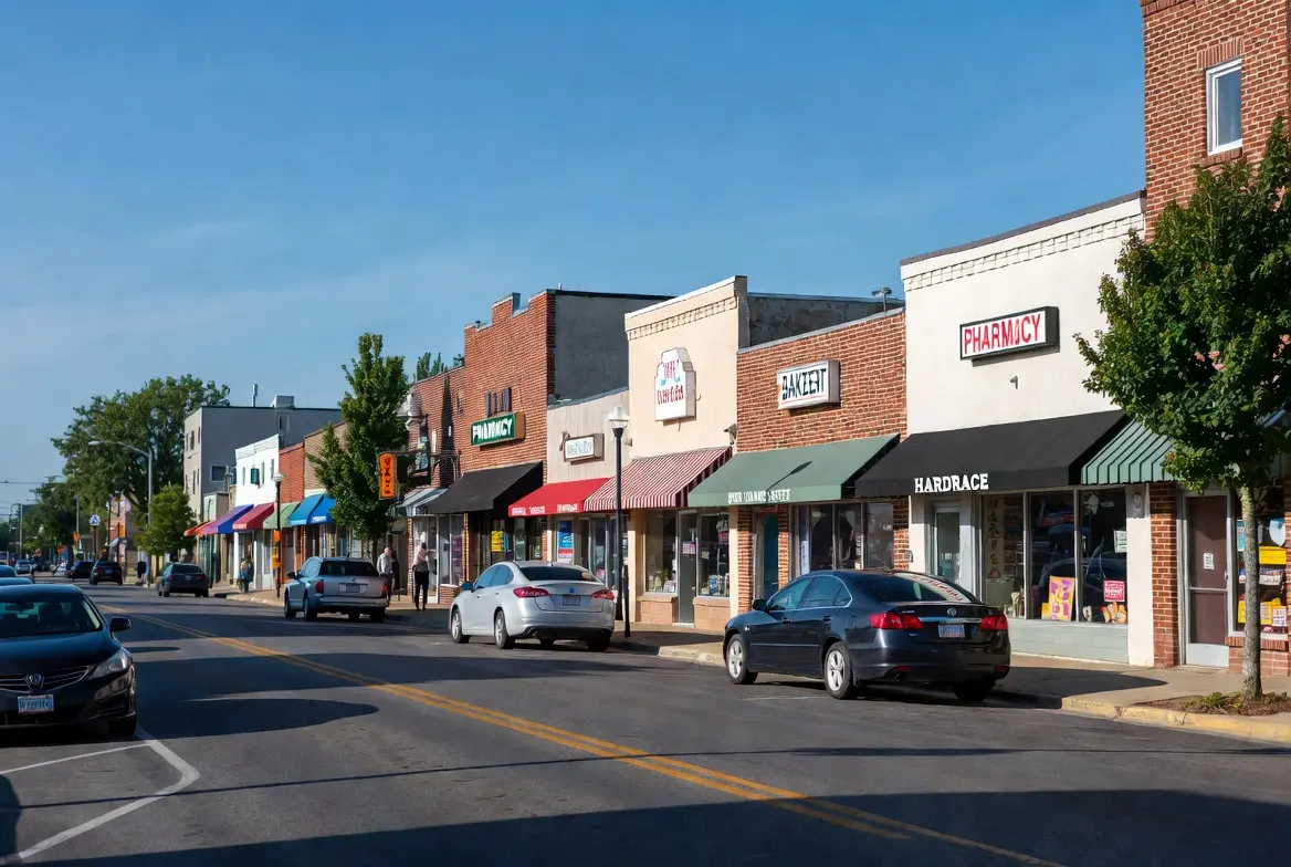 A clean commercial street with small businesses and well-maintained storefronts along a main road on a sunny afternoon in New Lenox Illinois