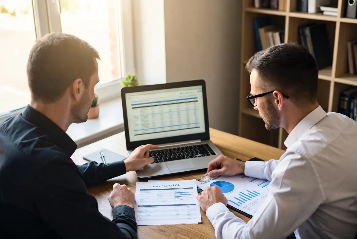 CPA reviewing POS and payroll summaries with restaurant owner at desk during strategy session in Mokena office