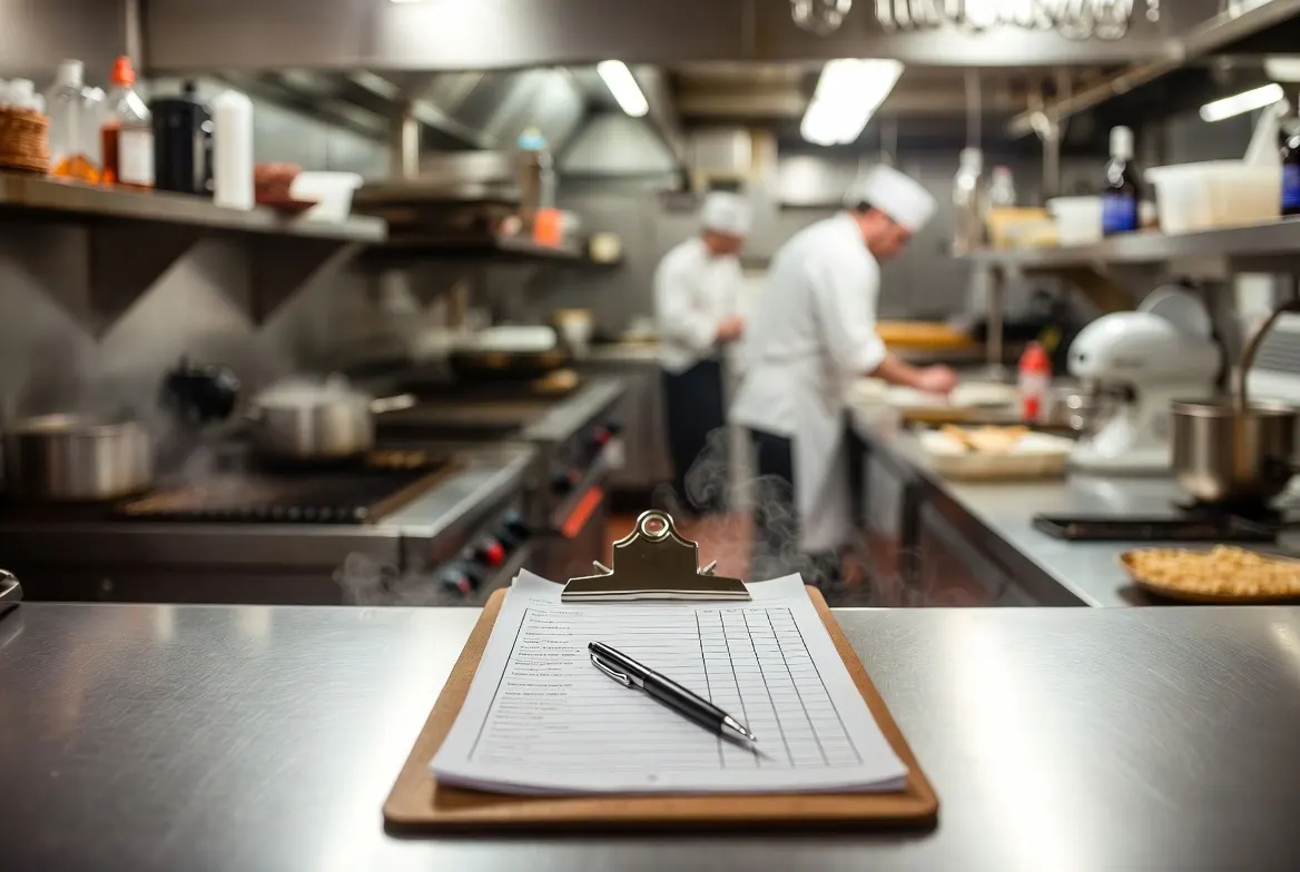 Restaurant tax deductions checklist on clipboard with Illinois-specific categories, blurred commercial kitchen background