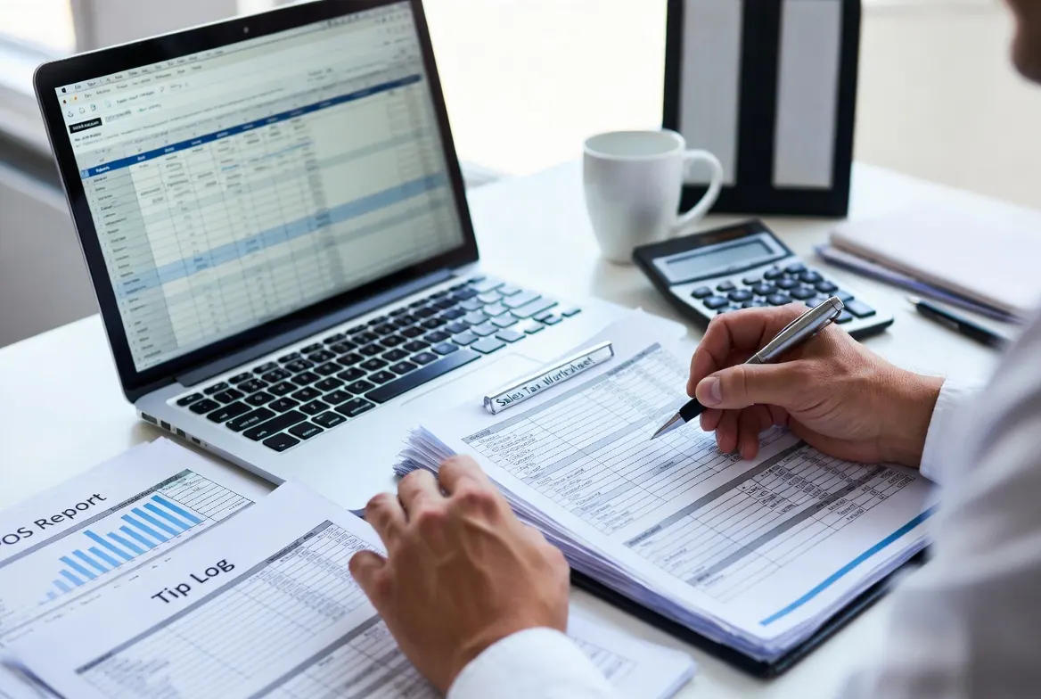Hands reconciling POS sales report, tip log, and Illinois sales tax worksheet beside laptop for planning