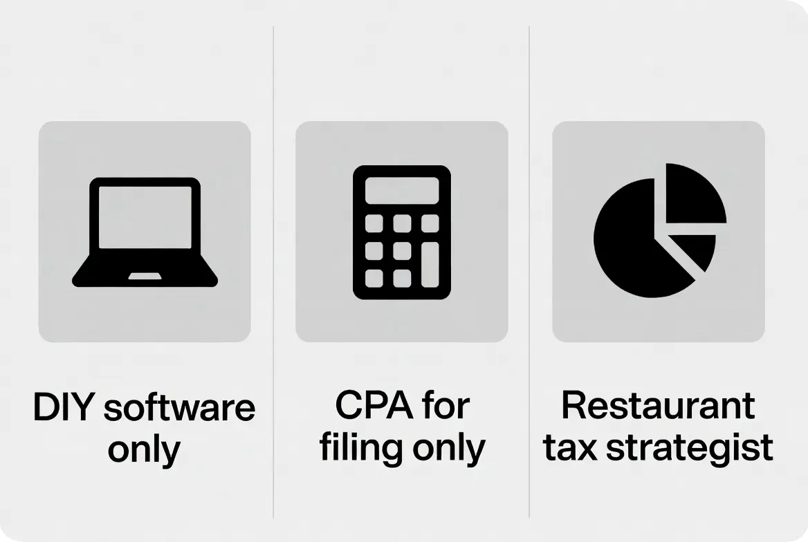 Comparison chart showing DIY tax software versus traditional CPA versus Wozny Tax Company specialized restaurant tax strategist services for Illinois restaurants