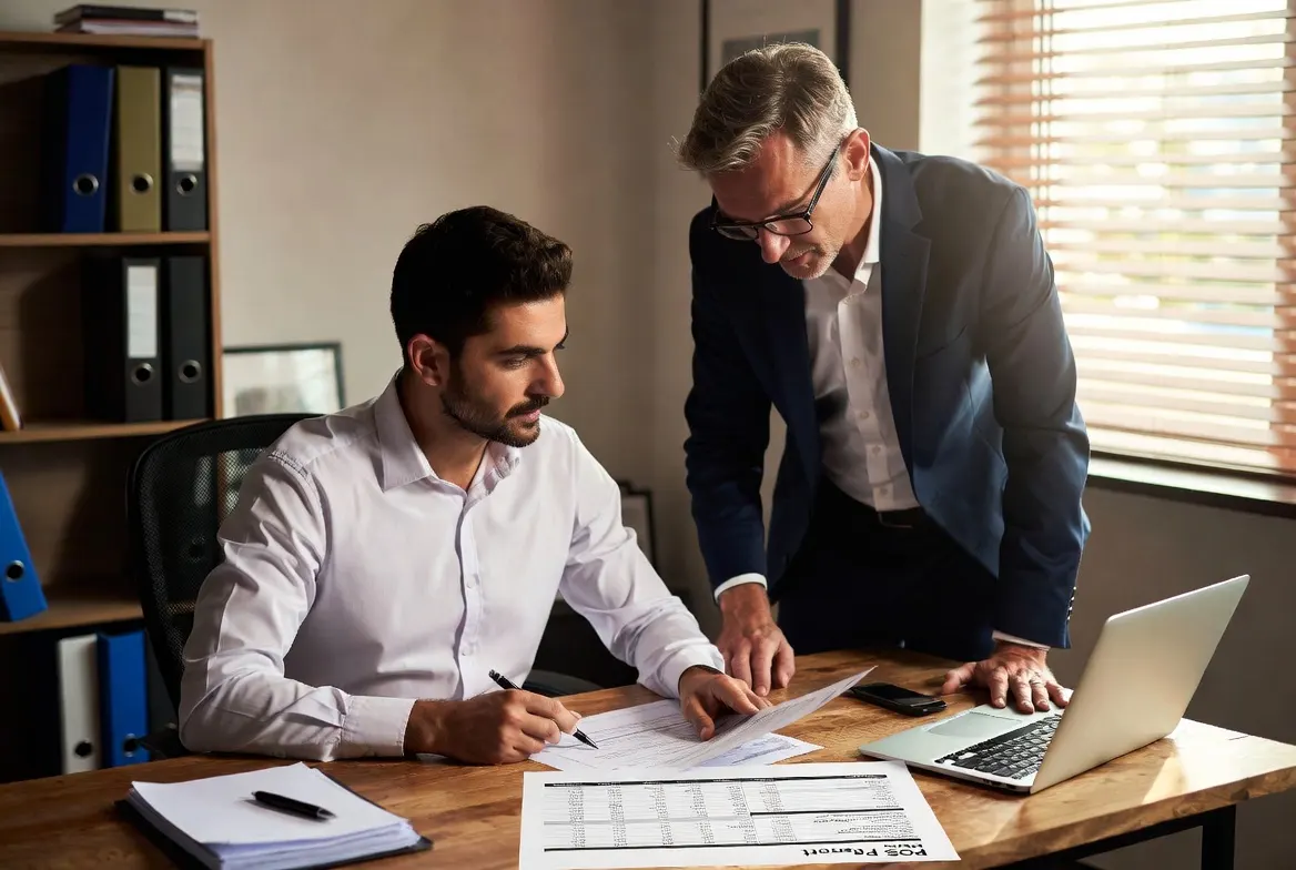 CPA reviewing POS and payroll summaries with restaurant owner at desk during strategy session in Mokena office
