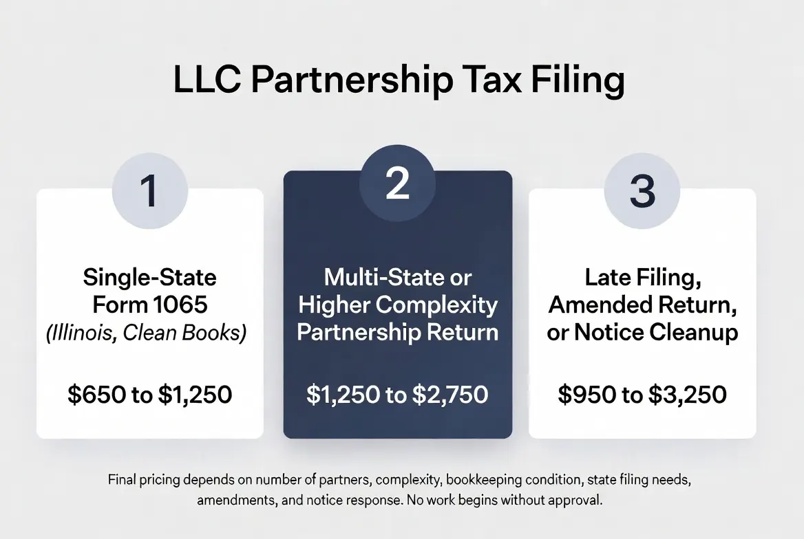 LLC partnership tax filing pricing ranges for Mokena IL and Will County