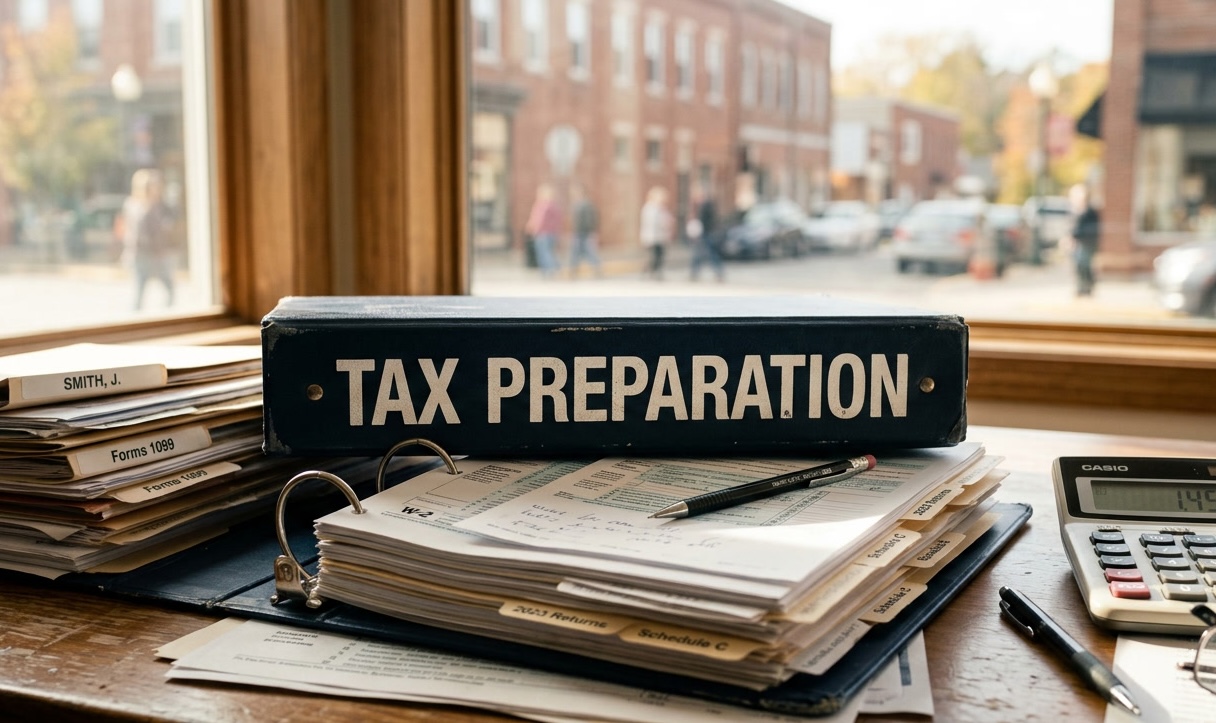 Tax preparation desk with binder, tax forms, documents, and calculator by a window